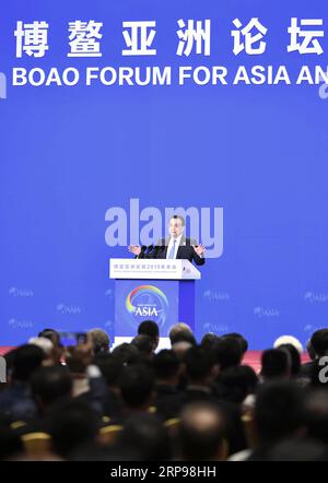 (190328) -- BOAO, 28. März 2019 -- der chinesische Ministerpräsident Li Keqiang hält eine Keynote-Rede auf der Eröffnungssitzung der Jahrestagung des Boao Forum for Asia in Boao, Provinz Hainan, 28. März 2019. ) CHINA-BOAO-LI KEQIANG-SPEECH (CN) YINXBOGU PUBLICATIONXNOTXINXCHN Stockfoto