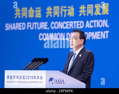 (190328) -- BOAO, 28. März 2019 -- der chinesische Ministerpräsident Li Keqiang hält eine Keynote-Rede auf der Eröffnungssitzung der Jahrestagung des Boao Forum for Asia in Boao, Provinz Hainan, 28. März 2019. ) CHINA-BOAO-LI KEQIANG-SPEECH (CN) LIXTAO PUBLICATIONXNOTXINXCHN Stockfoto