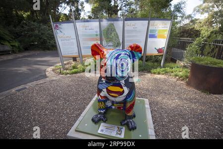 (190329) -- CANBERRA, 29. März 2019 -- Eine Koala-Statue ist im Australian National Botanic Gardens in Canberra, Australien, 28. März 2019 zu sehen. 14 ein Meter hohe Koala-Statuen, die von verschiedenen Künstlern dekoriert wurden, sind über die Australian National Botanic Gardens verteilt und können vom 1. Bis 31. März auf dem Boden von Besuchern entdeckt werden, die Geschichten hinter sich haben. Megan Donaldson, die Koordinatorin für Gartenbesuchererfahrung, sagte, dass die Pop-up-Statuen darauf abzielen, das Bewusstsein für australische Pflanzen und einheimische Tiere zu schärfen. ZUM MITNEHMEN: Australian National Botanic Gardens mit Koalas A erkunden Stockfoto