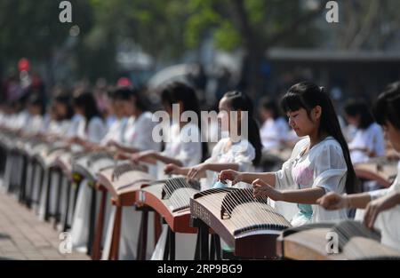 (190401) -- LUOYANG, 1. April 2019 (Xinhua) -- Darsteller spielen Guzheng, ein chinesisches zitherähnliches Streichinstrument, während der Eröffnungszeremonie des 37. China Luoyang Pfingstrosenkulturfestivals in Luoyang, Provinz Henan, 1. April 2019. Das 37. China Luoyang Pfingstrosen-Kulturfestival wurde am Montag im China National Flower Garden in Luoyang eröffnet. Während des Festivals haben Pfingstrosenarten unter künstlicher Blütezeitregulierung ihre volle Blüte erreicht, während andere Arten, die auf natürliche Weise blühen, ebenfalls zu blühen begonnen haben. (Xinhua/Li Jianan) CHINA-HENAN-LUOYANG-PFINGSTROSE Stockfoto