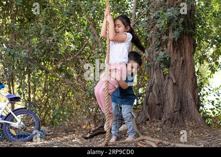 Entschlossenes Mädchen-Kletterseil, Zunge raus in Anstrengung, unterstützt von enthusiastischem Bruder, inmitten von Grün, sonnendurchflutetem Sommertag, verspieltem Naturspielplatz. Stockfoto