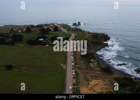 Punta de Lobos, Pichilemu, Chile. September 2023. Luftaufnahme von Punta de Lobos, Surfplatz der kommenden Panamerikanischen Spiele 2023 in Chile. (Bild: © Matias Basualdo/ZUMA Press Wire) NUR REDAKTIONELLE VERWENDUNG! Nicht für kommerzielle ZWECKE! Stockfoto