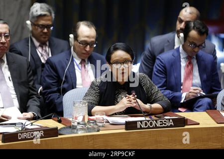 (190402) -- VEREINTEN NATIONEN, 2. April 2019 -- der indonesische Außenminister Retno Lestari Priansari Marsudi (Front) spricht am 2. April 2019 im UN-Hauptquartier in New York vor einer Tagung des Sicherheitsrats der Vereinten Nationen über Nichtverbreitung. Der UN-Sicherheitsrat bekräftigte am Dienstag seine Entschlossenheit, die Ziele des Nichtverbreitungsvertrags (NVV) voranzutreiben, dem einzigen vertrag, der rechtsverbindliche Verpflichtungen zur nuklearen Abrüstung enthält. ) SITZUNG DES VN-SICHERHEITSRATS ZUR NICHTVERBREITUNG LIXMUZI PUBLICATIONXNOTXINXCHN Stockfoto