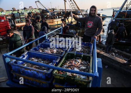 (190403) -- GAZA, 3. April 2019 -- Ein palästinensischer Fischer zeigt seinen Fang im Seehafen in Gaza-Stadt, 2. April 2019. Die israelischen Behörden teilten der palästinensischen Seite mit, dass sie beschlossen habe, die israelischen Sicherheitsbeschränkungen für Fischer vor der Küste des Gazastreifens ab Montag zu lockern. Stringer) MIDEAST-GAZA-FISCHER-ALLTAG zhaoyue PUBLICATIONxNOTxINxCHN Stockfoto