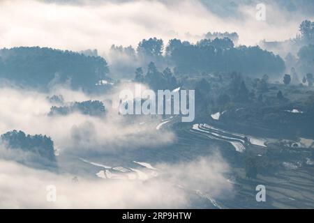 (190408) -- CHONGQING, 8. April 2019 (Xinhua) -- Nebelhüllen das Dorf Louling im Bezirk Nanchuan im südwestchinesischen Chongqing, 7. April 2019. (Xinhua/Qu Mingbin) CHINA-CHONGQING-WEATHER-FOG (CN) PUBLICATIONxNOTxINxCHN Stockfoto