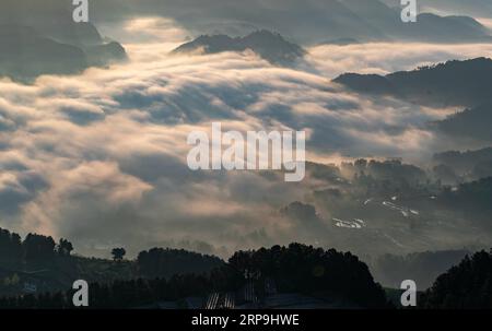 (190408) -- CHONGQING, 8. April 2019 (Xinhua) -- Nebelhüllen das Dorf Louling im Bezirk Nanchuan im südwestchinesischen Chongqing, 7. April 2019. (Xinhua/Qu Mingbin) CHINA-CHONGQING-WEATHER-FOG (CN) PUBLICATIONxNOTxINxCHN Stockfoto