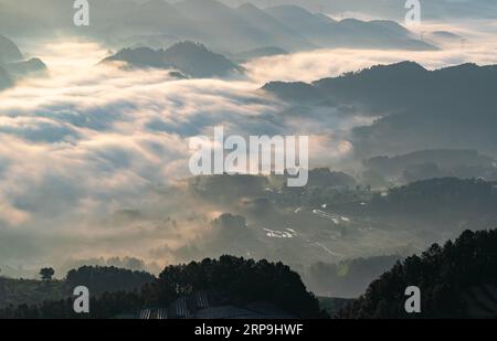 (190408) -- CHONGQING, 8. April 2019 (Xinhua) -- Nebelhüllen das Dorf Louling im Bezirk Nanchuan im südwestchinesischen Chongqing, 7. April 2019. (Xinhua/Qu Mingbin) CHINA-CHONGQING-WEATHER-FOG (CN) PUBLICATIONxNOTxINxCHN Stockfoto