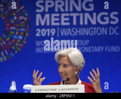 (190412) -- WASHINGTON, 12. April 2019 -- Christine Lagarde, Chefin des Internationalen Währungsfonds (IWF), spricht während einer Pressekonferenz auf den Frühjahrstagungen des IWF und der Weltbank in Washington D.C., USA, am 11. April 2019. Christine Lagarde forderte die politischen Entscheidungsträger am Donnerstag nachdrücklich auf, keinen Schaden anzurichten und falsche Handelspolitiken zu vermeiden, da die Weltwirtschaft einen breit angelegten Konjunkturabschwung erlebt und eine prekäre Erholung erwartet. ) US-WASHINGTON-IWF-CHRISTINE LAGARDE-PRESSBEREICHUNG LIUXJIE PUBLICATIONXNOTXINXCHN Stockfoto