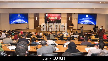 (190414) -- KAIRO, 14. April 2019 (Xinhua) -- Foto aufgenommen am 14. April 2019 zeigt die Internationale Konferenz für traditionelle Chinesische Medizin und Funktionsmedizin in Kairo, Ägypten. Die Ägyptische Chinesische Universität in Kairo (ECU) hat am Sonntag eine zweitägige Konferenz gestartet, um die traditionelle chinesische Medizin in Ägypten zu fördern und sie in das ägyptische medizinische System zu integrieren. (Xinhua/Wu Huiwo) ÄGYPTEN-KAIRO-CHINA-TRADITIONELLE CHINESISCHE MEDIZIN-ZUSAMMENARBEIT PUBLICATIONxNOTxINxCHN Stockfoto