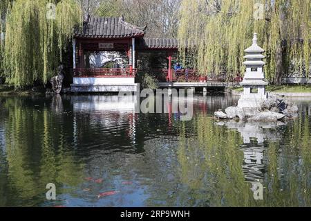 (190418) -- BERLIN, 18. April 2019 (Xinhua) -- Besucher werden am 17. April 2019 im Deyue Chinese Garden of the Gardens of the World im Osten Berlins gesehen. Der Deyue Chinese Garden Inside the Gardens of the World wurde 1997 erbaut und 2000 für die Öffentlichkeit geöffnet. (Xinhua/Shan Yuqi) DEUTSCHLAND-BERLIN-GÄRTEN DES WELT-CHINESISCHEN GARTENS PUBLICATIONxNOTxINxCHN Stockfoto