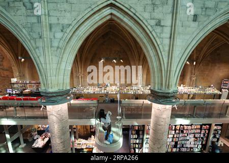 (190422) -- BRÜSSEL, 22. April 2019 (Xinhua) -- Foto vom 16. April 2019 zeigt das Innere des dominikanischen Buchhandels in Maastricht, Niederlande. Der Buchladen wurde in der Dominikanischen Kirche errichtet, einer ehemaligen gotischen Kirche mit einer Geschichte von etwa 800 Jahren. Es bewahrt die architektonische Struktur und das Design der Kirche und lädt gleichzeitig zum zeitgenössischen Element eines modernen Buchladens ein. Der Dominican Bookstore, der auch als „Buchladen im Himmel“ bekannt ist, zog viele Besucher aus der ganzen Welt an. (Xinhua/Zhang Cheng) NIEDERLANDE-MAASTRICHT-DOMINIKANISCHE BUCHHANDLUNG PUBLICATIONxNOTxINxCHN Stockfoto