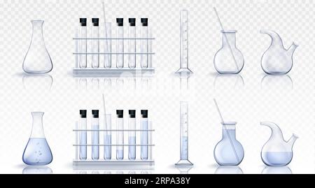 3D-Labor-Test-Glas-Becher-Ausrüstung Vektor. Realistische Gläser und Röhrchen aus dem Wissenschaftslabor. Isolierter Chemikalienset. Leere und gefüllte wissenschaftliche Messzylinderflasche mit flüssigem Medizinwasser Stock Vektor