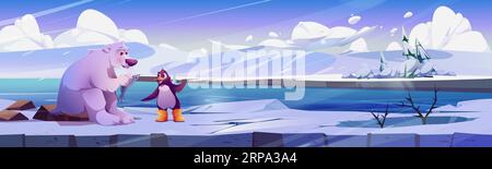 Weißer Eisbär mit Fisch und niedlichem Pinguin in Stiefeln auf Eislandschaft. Vektor-Karikaturillustration von lustigen Tieren auf großer Scholle, schneebedeckten Hügeln, kaltem Meereswasserhintergrund. Wildtiere aus der Südhalbkugel Stock Vektor