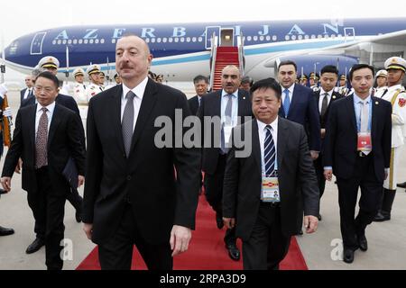 (190424) -- PEKING, 24. April 2019 -- der Präsident Aserbaidschans Ilham Aliyev kommt am 24. April 2019 in Peking, der Hauptstadt Chinas, an, um an dem Zweiten Belt and Road Forum for International Cooperation (BRF) teilzunehmen. ) (BRF)CHINA-PEKING-GÜRTEL- UND STRASSENFORUM-ASERBAIDSCHANISCHE PRÄSIDENT-ANKUNFT (CN) SHENXBOHAN PUBLICATIONXNOTXINXCHN Stockfoto