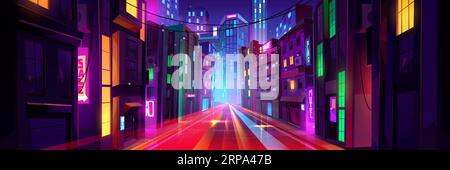 Nächtliche Stadtstraße mit Verkehrseffekt. Vektor-Zeichentrickillustration des futuristischen Metaverse-Stadtviertels, beleuchtete Wolkenkratzer und farbenfrohe Schilder, Lichtspuren aus schneller Bewegung Stock Vektor
