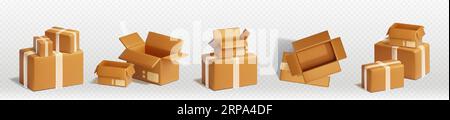 Kartonagen in Stapeln zur Lieferung und Lagerung von Waren. 3D-Render-Vektor-Illustration Set aus braunen, geschlossenen und offenen Paketen in Stapeln. Haufen von Paketen für den Vertrieb und das Versandkonzept Stock Vektor