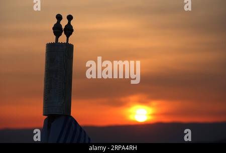 (190425) - NABLUS, 25. April 2019 -- Ein Priester der alten samaritanischen Gemeinde hält Tora-Schriftrollen während der Pilgerfahrt zum heiligen Tag des Passahs auf dem Gipfel des Monte Gerizim, in der Nähe der Westbank-Stadt Nablus am 25. April 2019. Ayman Nobani) MIDEAST-NABLUS-SAMARITAN-PILGERREISE zhaoyue PUBLICATIONxNOTxINxCHN Stockfoto