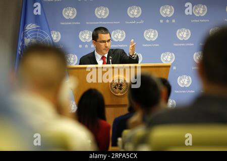 (190425) -- VEREINTEN NATIONEN, 25. April 2019 -- der venezolanische Außenminister Jorge Arreaza nimmt am 25. April 2019 an einer Pressekonferenz im Hauptquartier der Vereinten Nationen in New York Teil. ) UN-VENEZUELA-AUSSENMINISTERKONFERENZ LIXMUZI PUBLICATIONXNOTXINXCHN Stockfoto