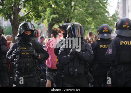 (190426) -- PRAG, 26. April 2019 -- Polizisten werden bei einer Kundgebung auf dem Wenzelsplatz in Prag, Tschechische Republik, am 25. April 2019 gesehen. Die tschechische Oppositionspartei Freiheit und direkte Demokratie (SPD) hat am Donnerstag eine Kundgebung abgehalten, um die EU-Wahlkampagne auf dem Wenzelsplatz in Prag offiziell zu starten. Die Veranstaltung brachte europäische rechtsextreme Politiker, Hunderte von Unterstützern sowie Gegner. ) TSCHECHISCHE REPUBLIK-PRAG-SPD-RALLYE DanaxKesnerova PUBLICATIONxNOTxINxCHN Stockfoto