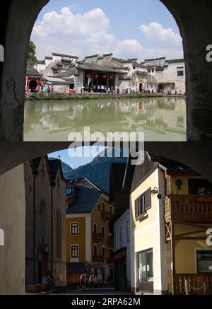 (190426) -- WIEN, 26. April 2019 -- dieses Kombinationsfoto zeigt das Dorf Hongcun, ostchinesische Provinz Anhui, 20. April 2019 (oben Foto von Shi Yalei), und die Architektur in Hallstatt, Österreich, 25. April 2019 (unten Foto aufgenommen von ). Hongcun und Hallstatt, beide Weltkulturerbestätten, ziehen Touristen aus der ganzen Welt an. Im Jahr 2018 erhielt Hongcun etwa 36.000 ausländische Touristen, während Hallstatt über 21.000 chinesische Touristen beherbergte, die über Nacht blieben. ÖSTERREICH-CHINA-DORF-TOURISMUS GuoxChen PUBLICATIONxNOTxINxCHN Stockfoto