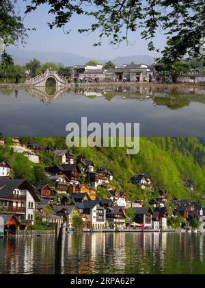 (190426) -- WIEN, 26. April 2019 -- dieses Kombinationsfoto zeigt das Dorf Hongcun, ostchinesische Provinz Anhui, 20. April 2019 (oben Foto von Shi Yalei), und Hallstatt, Österreich, 25. April 2019 (unten, Foto aufgenommen von ). Hongcun und Hallstatt, beide Weltkulturerbestätten, ziehen Touristen aus der ganzen Welt an. Im Jahr 2018 erhielt Hongcun etwa 36.000 ausländische Touristen, während Hallstatt über 21.000 chinesische Touristen beherbergte, die über Nacht blieben. ÖSTERREICH-CHINA-DORF-TOURISMUS GuoxChen PUBLICATIONxNOTxINxCHN Stockfoto