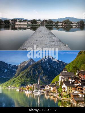 (190426) -- WIEN, 26. April 2019 -- dieses Kombinationsfoto zeigt das Dorf Hongcun in der ostchinesischen Provinz Anhui, 26. September 2012 (oben), und Hallstatt, Österreich, April 25, 2019 (unten). Hongcun und Hallstatt, beide Weltkulturerbestätten, ziehen Touristen aus der ganzen Welt an. Im Jahr 2018 erhielt Hongcun etwa 36.000 ausländische Touristen, während Hallstatt über 21.000 chinesische Touristen beherbergte, die über Nacht blieben. ) ÖSTERREICH-CHINA-DORF-TOURISMUS GuoxChen PUBLICATIONxNOTxINxCHN Stockfoto