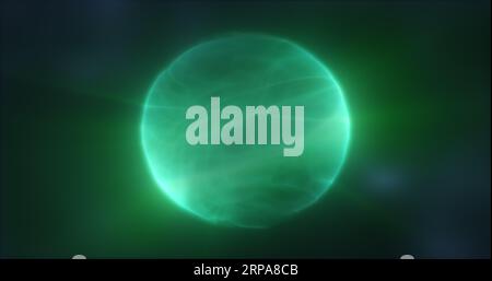Abstrakte grüne Energiekugel rund um glühenden magischen digitalen futuristischen Weltraumhintergrund. Stockfoto