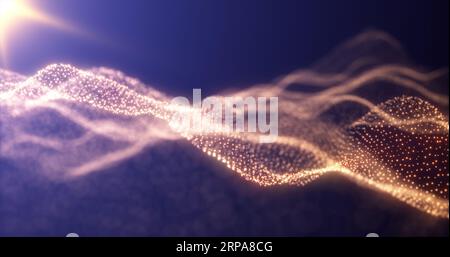 Abstrahieren gelber orangefarbener Energiewellen aus futuristischen Hightech-Partikeln mit leuchtendem Hintergrund. Stockfoto