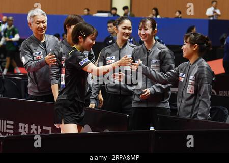 PyeongChang, Republik Korea. September 2023. Japan Team Group Tischtennis : 2023 Asiatische Tischtennismeisterschaften Frauen Teamquarterfinale zwischen Japan und Indien im Pyeongchang Dome in Pyeongchang, Republik Korea. Quelle: Itaru Chiba/AFLO/Alamy Live News Stockfoto