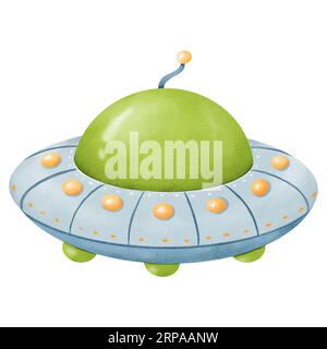Außerirdisches Raumschiff. Cartoonische UFOs mit mehreren Lichtern. Intergalaktisches Schiff, Weltraumforscher. Blaue, grüne und gelbe Farben. Wasserfarbe isoliert Stockfoto