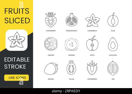 Fruchtscheibe, Symbolsatz für Vektorlinien, bearbeitbarer Hub. Limetten- und Himbeerstücke, Feijoa und Mango, Avocado und Apfel, Banane und Orange, Pflaume und Stock Vektor