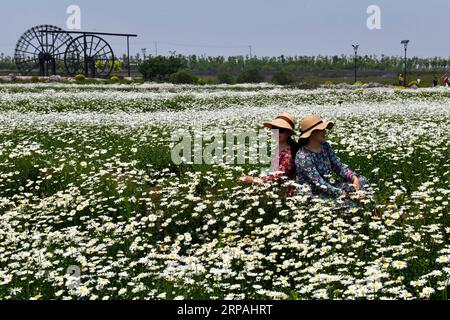 (190512) -- JINAN, 12. Mai 2019 (Xinhua) -- Menschen besuchen Qilu Wine Home Cultural Creativity Industrial Park in der Stadt Anqiu, ostchinesische Provinz Shandong, am 12. Mai 2019. Die Qinglong Mountain Area der Wirtschaftsentwicklungszone Anqiu, ursprünglich ein stillgelegter Steinbruch mit empfindlicher Umgebung, wurde heute zu einer Touristikstadt. Die Umwandlung erfolgt mit sieben Jahren Aufwand von Shandong Jingzhi Wine Co., Ltd., die Qilu Wine Home Kulturindustriepark auf dem ehemaligen Steinbruch baut. (Xinhua/Guo Xulei) CHINA-SHANDONG-ANQIU-CULTURAL CREATIVITY INDUSTRIAL PARK (CN) PUBLICATIONxNOTxINxCHN Stockfoto