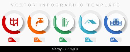 Home Service-Symbolsatz, verschiedene Symbole wie Rohr, Hahn, Dach und Dachrinne, Haus und Gebäude, flache Vektor-Infografikvorlage, Webtaste Stock Vektor