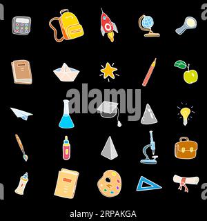 Set mit Symbolen zurück zur Schule, Handzeichensammlung. Vektorillustrationsskizze Stock Vektor