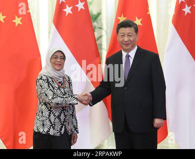 (190514) -- PEKING, 14. Mai 2019 -- der chinesische Präsident Xi Jinping (R) trifft sich mit dem singapurischen Präsidenten Halimah Yacob, der in China ist, um an der Konferenz über den Dialog asiatischer Zivilisationen (CDAC) teilzunehmen, in der Großen Halle des Volkes in Peking, der Hauptstadt Chinas, 14. Mai 2019. ) CHINA-PEKING-XI JINPING-SINGAPURER PRÄSIDENT-SITZUNG (CN) YAOXDAWEI PUBLICATIONXNOTXINXCHN Stockfoto