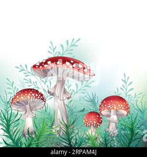 Vier rote, künstlerisch gezeichnete, wunderschöne Fliegenagare auf waldgrünem Hintergrund mit Bolzenpflanzen und grünem Moos. Rote Fliege agarisch. Mushroomcore. Stock Vektor