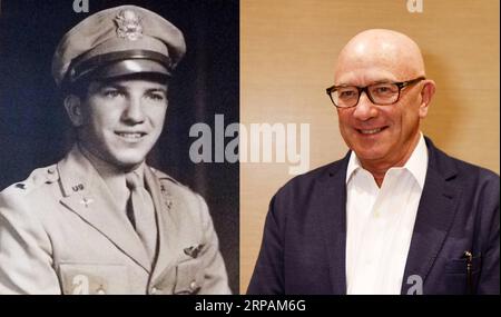 (190514) -- NEW YORK, 14. Mai 2019 -- Combo-Foto zeigt James E. Bryant in Florida, USA, 1943 (L) und seinen Sohn James Bryant in Las Vegas, USA, 10. Mai 2019. James Bryant wird nie den Tag vergessen, an dem sein 93-jähriger Vater zurück in sein Schlafzimmer ging und mit einem Flugkurzfall zurückkam, der Unterlagen über die Ausbildung und die Aufgaben enthielt, die er als US-Pilot für den Flugtigerflieger während des Zweiten Weltkriegs nahm Als bemerkenswerter, aber bescheidener Mann und liebevoller Vater zeigte James E. Bryant bis vor etwa drei Jahren, dem Sohn, keine detaillierten Beweise über seine Kriegserfahrung Stockfoto