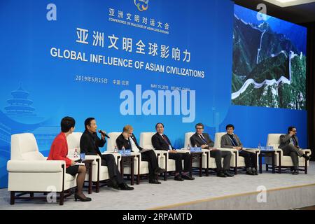 (190515) -- PEKING, 15. Mai 2019 -- das thematische Forum globaler Einfluss asiatischer Zivilisationen der Konferenz über den Dialog asiatischer Zivilisationen (CDAC) findet am 15. Mai 2019 in Peking, der Hauptstadt Chinas, statt. ) CHINA-PEKING-CDAC-THEMATISCHES FORUM-GLOBALER EINFLUSS ASIATISCHER ZIVILISATIONEN (CN) JINXLIANGKUAI PUBLICATIONXNOTXINXCHN Stockfoto