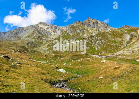 Abhänge mit grünem und gelbem Gras als Bergkamm unter blauem Himmel im Hintergrund in der Nähe des Großen St. Bernard-Passes im Aostatal, Italien. Stockfoto