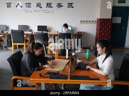 (190518) -- NANJING, 18. Mai 2019 (Xinhua) -- Wu Yifan(L) und Zhou Wenqing studieren in einer braille-Bibliothek der Nanjing Normal University of Special Education in Nanjing, ostchinesische Provinz Jiangsu, 17. Mai 2019. Wu Yifan, 22, und Zhou Wenqing, 21, sind Schulkameraden der Nanjing Normal University of Special Education. Beide verloren in ihrer Kindheit das Augenlicht. In ihrer Freizeit macht Wu gerne Make-up, Papierschneiden und spielt Guzheng, Chinese Zither. Während Zhou gerne Klavier spielt. Zhou entwickelte einst ein Computerspiel für sehbehinderte Menschen. Die beiden Mädchen haben die Co bestanden Stockfoto