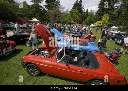 (190518) -- VANCOUVER, 18. Mai 2019 -- die Leute sehen klassische Autos während des 34. Vancouver All British Field Meetings in Vancouver, Kanada, 18. Mai 2019. Das 34. Vancouver All British Field Meet startete am Samstag mit mehr als 500 ausgestellten Autos, was Tausende von Oldtimern anlockte. ) CANADA-VANCOUVER-BRITISH OLDTIMER SHOW LIANGXSEN PUBLICATIONXNOTXINXCHN Stockfoto