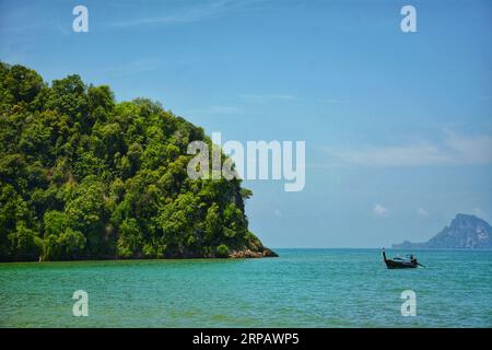 Ein kleines Boot, das über das Meer mit üppigen Bäumen an der Küste in Krabi, Thailand, segelt. Stockfoto