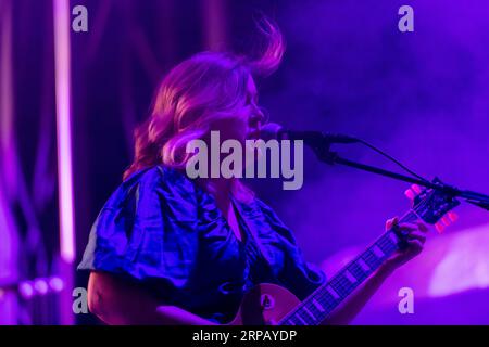 Seattle, USA. 2 Sep, 2023. The Olympia band Sleater Kinney performing at the Fountain Stage during the 2023 Bumbershoot weekend international music festival. The festival has been highly anticipated following the re-emergence of live music festivals following the Covid Pandemic. James Anderson/Alamy Live News Stock Photo