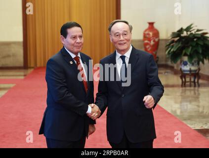 (190523) -- PEKING, 23. Mai 2019 (Xinhua) -- der chinesische Vizepräsident Wang Qishan und Brasiliens Vizepräsident Hamilton Mourao halten Gespräche ab und leiten gemeinsam die fünfte Sitzung des hochrangigen Koordinations- und Kooperationsausschusses China-Brasilien (COSBAN) in der Großen Halle des Volkes in Peking, der Hauptstadt Chinas, am 23. Mai 2019. (Xinhua/Pang Xinglei) CHINA-PEKING-WANG QISHAN-BRASILIEN-VP-TALKS-COSBAN-MEETING (CN) PUBLICATIONxNOTxINxCHN Stockfoto