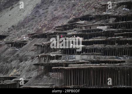 (190523) -- LHASA, 23. Mai 2019 (Xinhua) -- Dorfbewohner arbeiten in Salzfeldern im Mangkam County, südwestchinesische Autonome Region Tibet, 22. Mai 2019. Eine alte Technik der Salzgewinnung seit der Tang-Dynastie (618–907) ist im Mangkam County gut erhalten. Die Einheimischen folgen einer Salzerntemethode, indem sie Solen aus Salzminen und Teichen sammeln und in der Sonne verdampfen, bis sie kristallisieren. (Xinhua/Li Xin) CHINA-TIBET-MANGKAM-SALZPRODUKTION (CN) PUBLICATIONxNOTxINxCHN Stockfoto