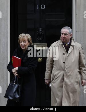 (190524) -- PEKING, 24. Mai 2019 (Xinhua) -- Aktenfoto vom 12. Februar 2019 zeigt, wie der britische Anführer des House of Commons Andrea Leadsom (L) die 10 Downing Street nach einer Kabinettssitzung in London verlässt. Der britische Unterhausführer Andrea Leadsom trat am 22. Mai wegen wachsender Unzufriedenheit mit der Führung des Premierministers zurück, einen Tag nachdem das neue Brexit-Abkommen nach hinten losging. (Xinhua/Han Yan) XINHUA FOTOS DES TAGES PUBLICATIONxNOTxINxCHN Stockfoto