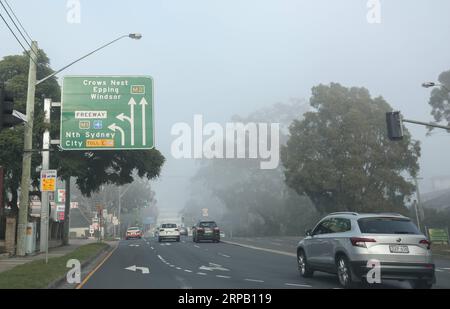 (190524) -- SYDNEY, 24. Mai 2019 -- Autos fahren am 24. Mai 2019 in einer Straße im Smoggy Sydney, Australien. Der Rauchschauer, der Sydney Anfang der Woche erstickte, ist wieder da und hat die Stadt wieder in einen dichten Nebel gehüllt, obwohl die New South Wales Rural Fire Service am Mittwoch wegen der schlechten Luftqualität die Brandbekämpfung eingestellt hat. ) AUSTRALIA-SYDNEY-SMOG BaixXuefei PUBLICATIONxNOTxINxCHN Stockfoto