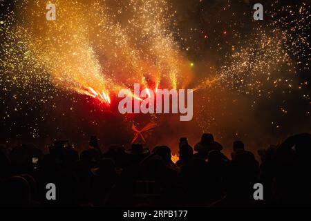 Der Drache mit offenem Mund wird von dem Feuerwerk erleuchtet, das während der pyrotechnischen Show duri von Correfoc und Diablos de Granollers aus seinen Flügeln kommt Stockfoto