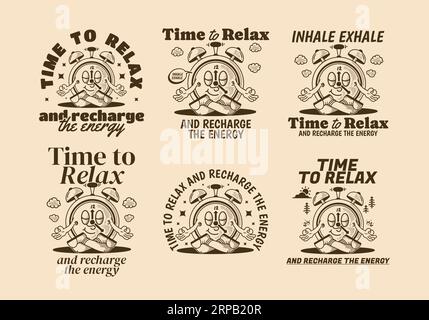 Time to relax and recharge energy, alarm clock mascot character in meditation pose, design in vintage style Stock Vector