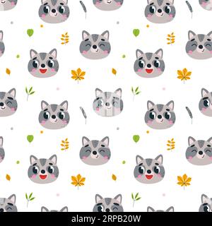 Das nahtlose Raccoon-Muster und das kindliche Muster der lustigen Waschbären. Dekorative druckbare Grafik, Stoff oder Tapete. Die Waldtiere sind klassisch Stock Vektor